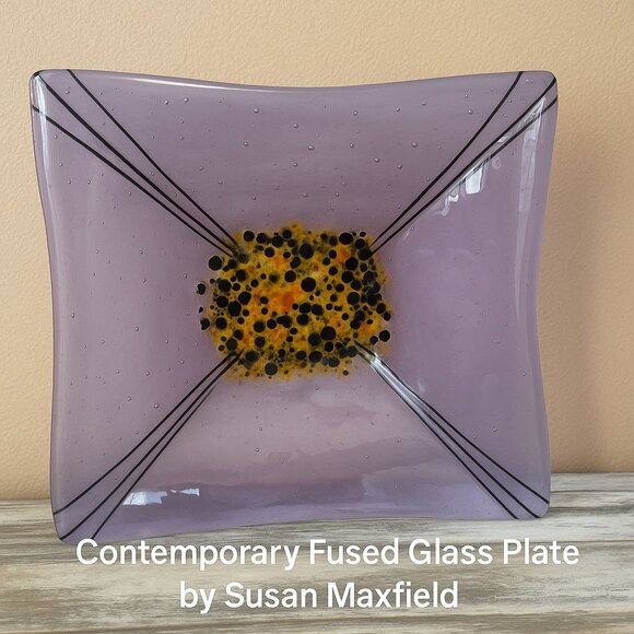 Susan Maxfield Handcrafted Purple & Yellow Fused Glass Decorative Bowl 2003 - Picture 1 of 11